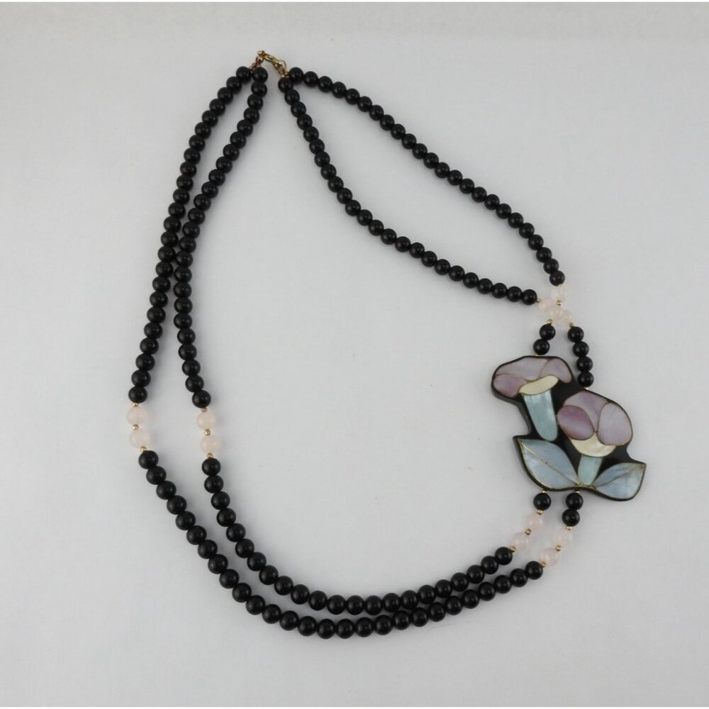 Anne Gee Black Beaded Mother Of Pearl Floral Statement Necklace - Picture 2 of 10